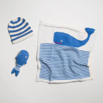 Organic Baby Gift Set - Handmade Lovey Blanket, Rattle Toy & Hat | Whale Baby Gift Sets Estella 
