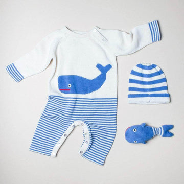 Organic Baby Gift Set - Handmade Newborn Long Romper, Hat & Rattle Toy | Whale Baby Gift Sets Estella 