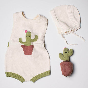 Organic Baby Gift Set - Handmade Newborn Romper, Bonnet & Rattle Toy | Cactus Baby Gift Sets Estella 