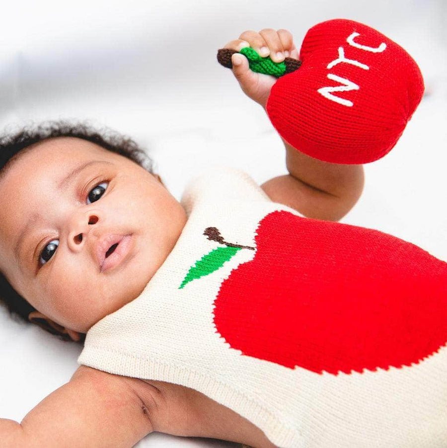 Organic Baby Gift Set - Sleeveless Hand Knit Newborn Romper, Apple Rattle Toy & Hat Baby Gift Sets Estella 