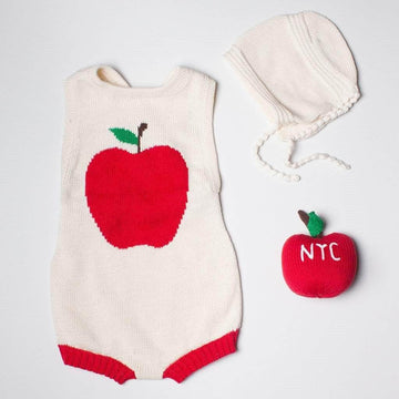 Organic Baby Gift Set - Sleeveless Hand Knit Newborn Romper, Apple Rattle Toy & Hat Baby Gift Sets Estella 