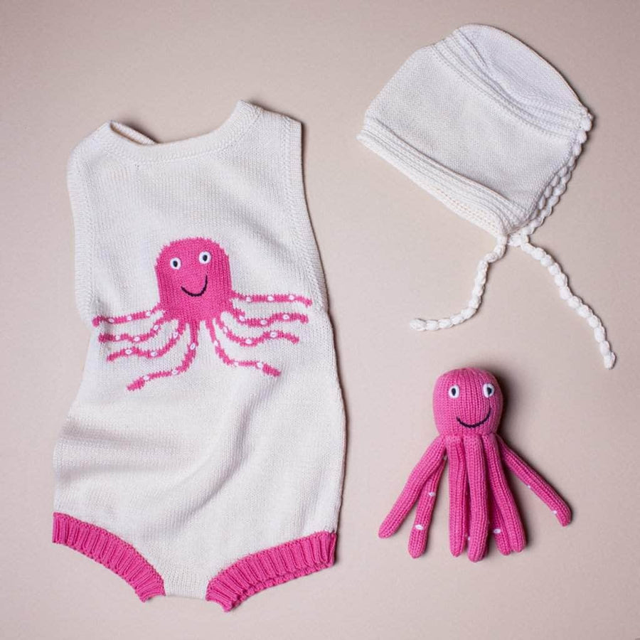 Organic Baby Gift Set - Sleeveless Octopus Romper, Octopus Rattle & Hat Baby Gift Sets Estella Pink 0-6 M 