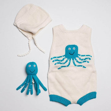 Organic Baby Gift Set - Sleeveless Octopus Romper, Octopus Rattle & Hat Baby Gift Sets Estella Turquoise 0-6 M 