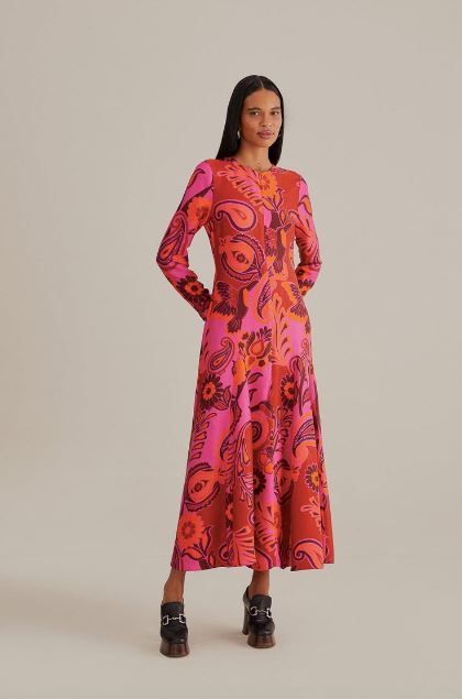 Pink Bold Floral Long Sleeve Maxi Dress Clothing Farm Rio XS 