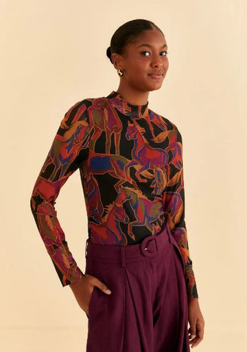 Black Wild Horses Tulle Blouse Clothing Farm Rio 