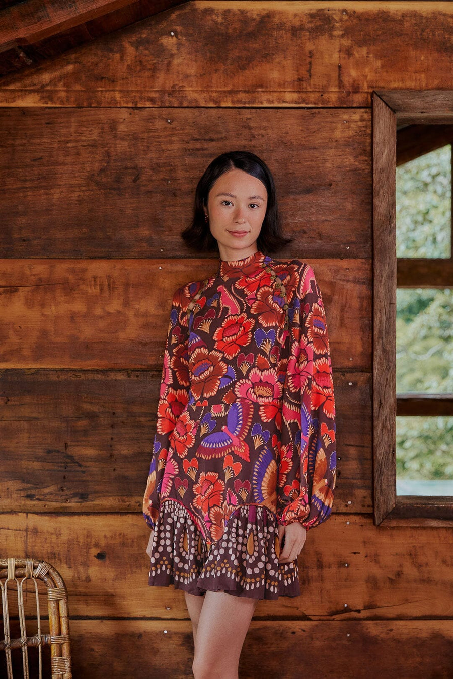 Brown Bright Flora Long Sleeve Mini Dress Clothing Farm Rio 