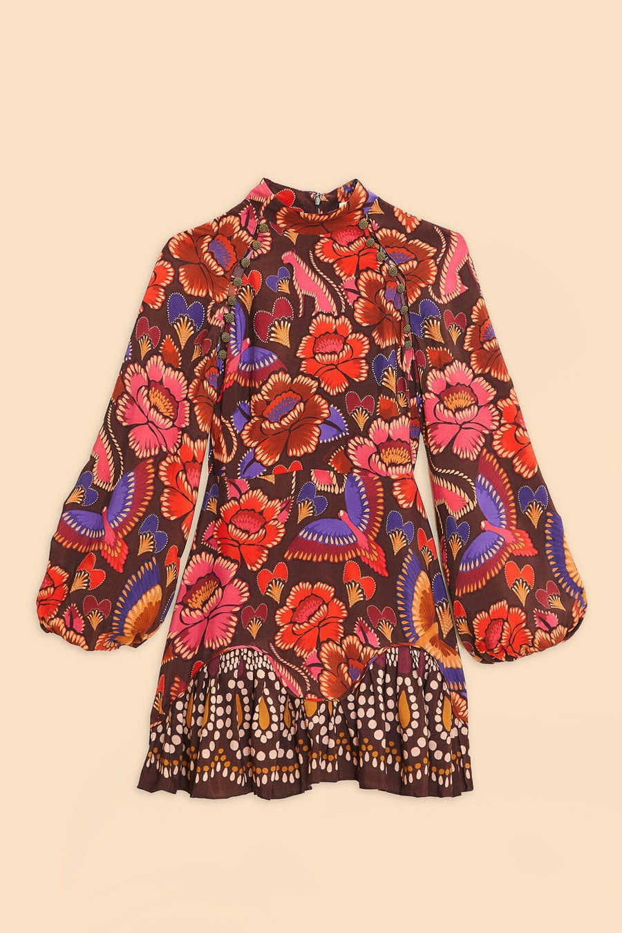 Brown Bright Flora Long Sleeve Mini Dress Clothing Farm Rio XS 