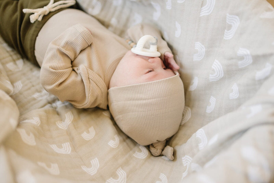 Oatmeal Organic Ribbed Newborn Knot Hat Mebie Baby 