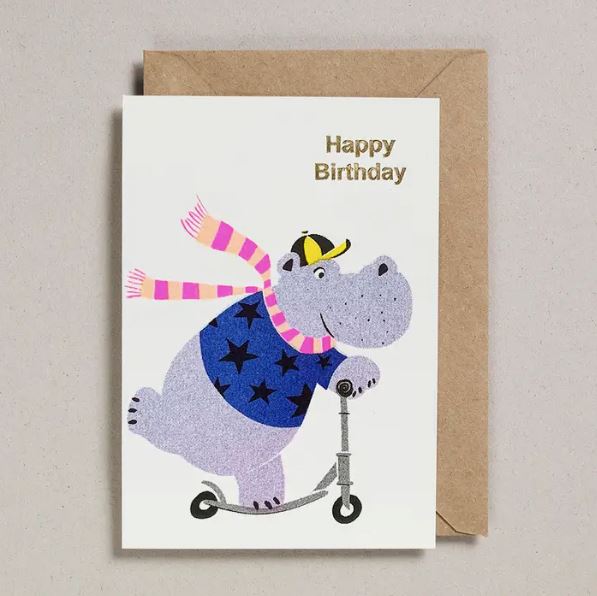 Scooter Hippo Happy Birthday Card Stationary & Gift Bags Petra Boase 